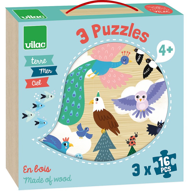 Würfel Puzzle aus Holz Tiere 3 x 16 Teile - Vilac