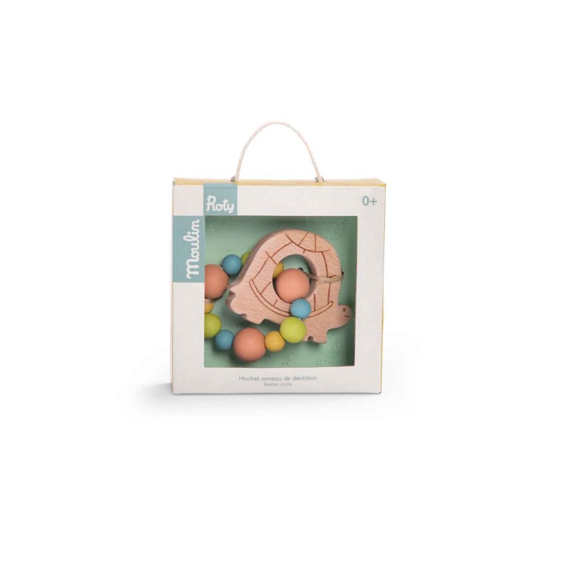 Hochet anneau de dentition bois et silicone tortue - Trois petits Lapins - Moulin Roty