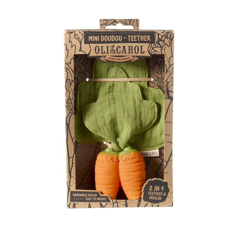 Oli&Carol - Mini Doudou Teether Cathy the Carrot - anneau de dentition - caoutchouc naturel