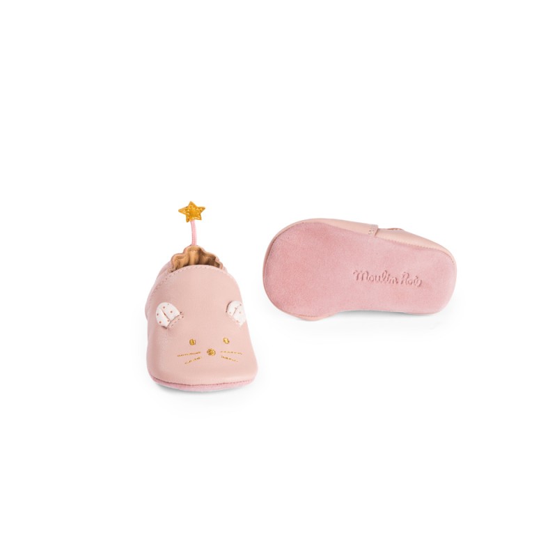 Chaussons cuir souris rose 0-6 mois