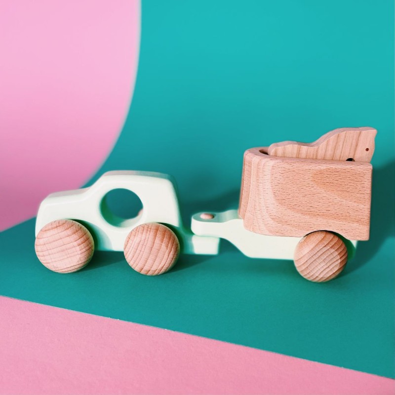 Voiture avec remorque pour chevaux en bois menthe - Bajo