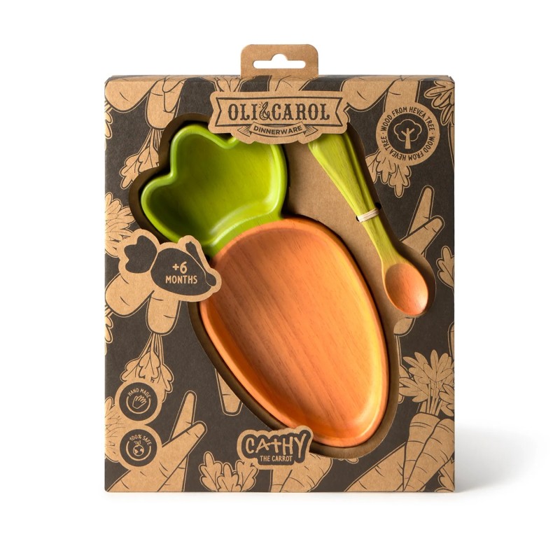 Cathy the Carrot Plate & Spoon - Set de vaisselle pour enfants en bois d'hévéa - Oli&Carol