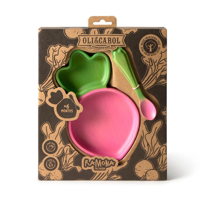 Ramona The Radish Plate & Spoon - Set de vaisselle pour enfants en bois d'hévéa - Oli&Carol
