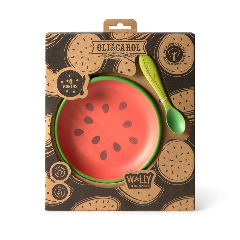 Wally The Watermelon Plate & Spoon - Set de vaisselle pour enfants en bois d'hévéa - Oli&Carol