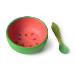Wally The Watermelon Bowl & Spoon - Set de vaisselle pour enfants en bois d'hévéa - Oli&Carol