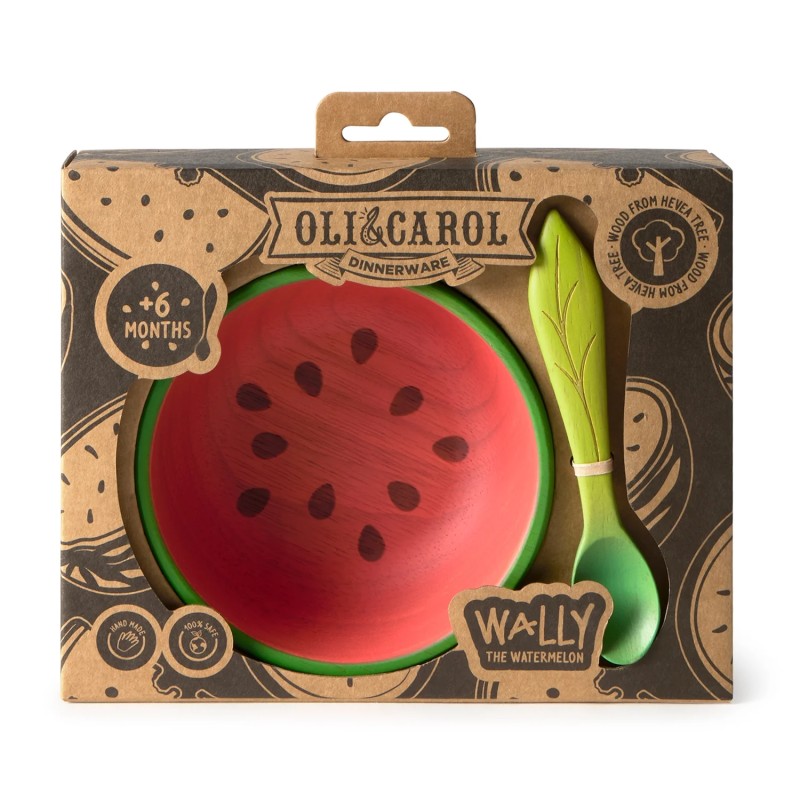Wally The Watermelon Bowl & Spoon - Set de vaisselle pour enfants en bois d'hévéa - Oli&Carol