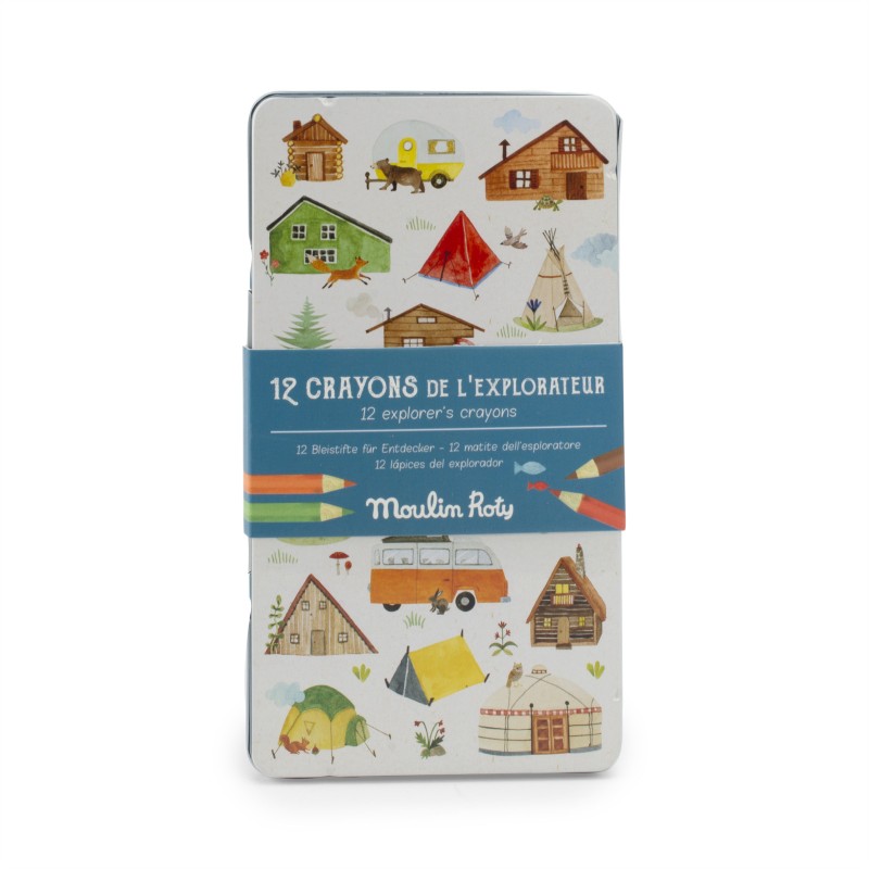 12 crayons de couleurs avec cartes - L'Explorateur - Moulin Roty