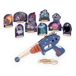 Pistole aus Holz mit Elastikgummi und Zielscheiben